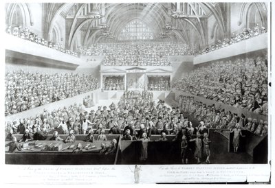 Ansicht des Prozesses von Warren Hastings (1732-1818) vor dem Gericht der Peers in der Westminster Hall. Anklage vor dem Bar des House of Lords, durch die Commons von Großbritannien, im Parlament von English School